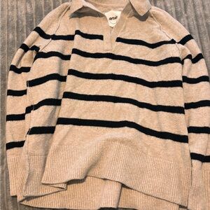aerie Beige Sweater with Black Stripes and Collar
